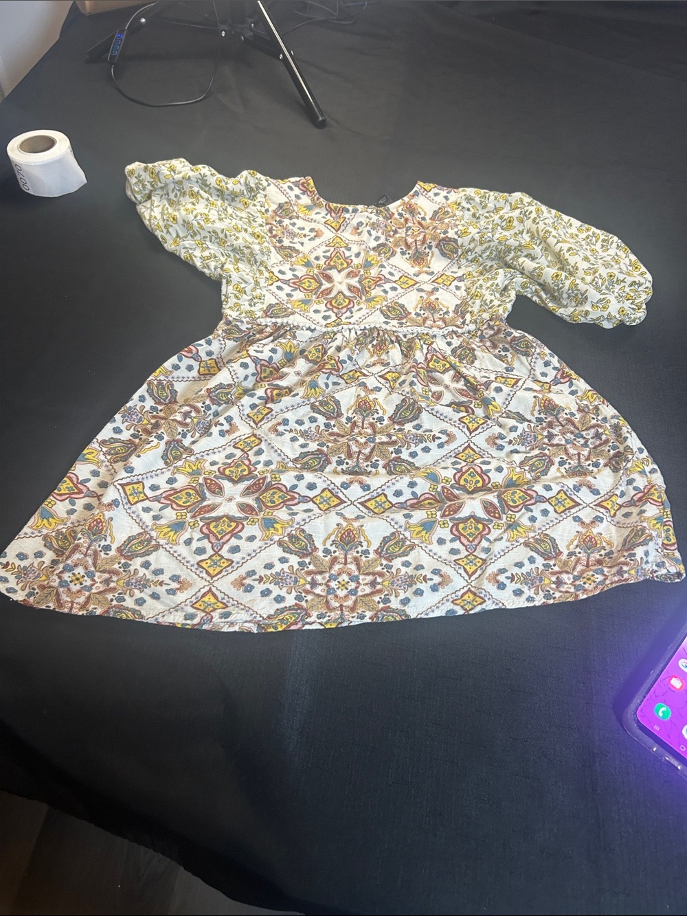 art class White Floral Tile-Print Dress with Yellow and Brown Accents